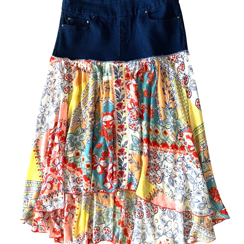 Upcycled Jean top Skirt Hi-Lo Hem Paisley Floral Rolled Hem Stretch Waist 12-14 - Picture 5 of 7
